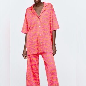 RARE Zara Jacquard Knit 2 Piece Top & Pants Set Pink & Gold Animal Print S